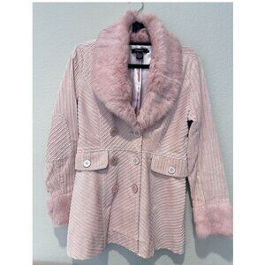Arden B Dusty Pink Courduroy Trench Coat with Real Rabbit Fur Collar